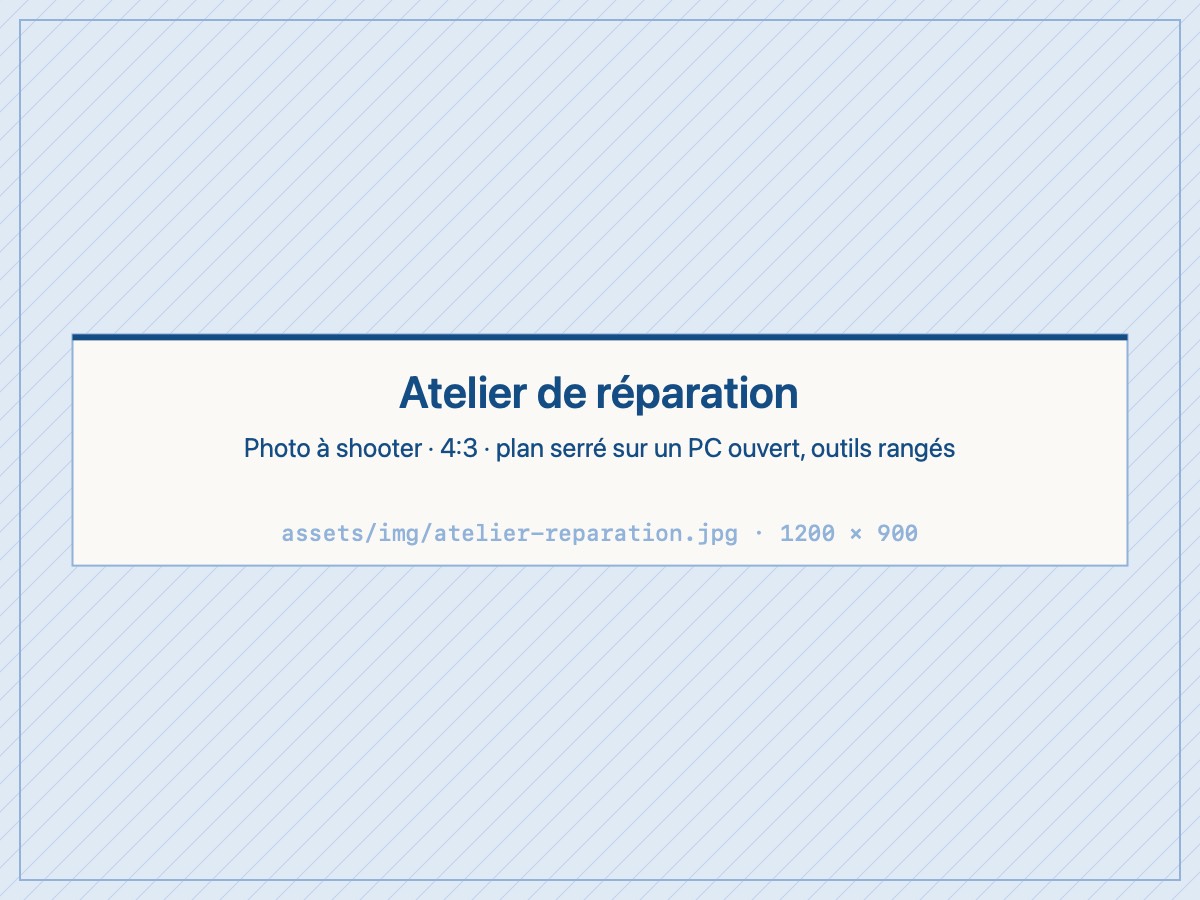 L’atelier de réparation : un ordinateur ouvert sur l’établi, les outils rangés